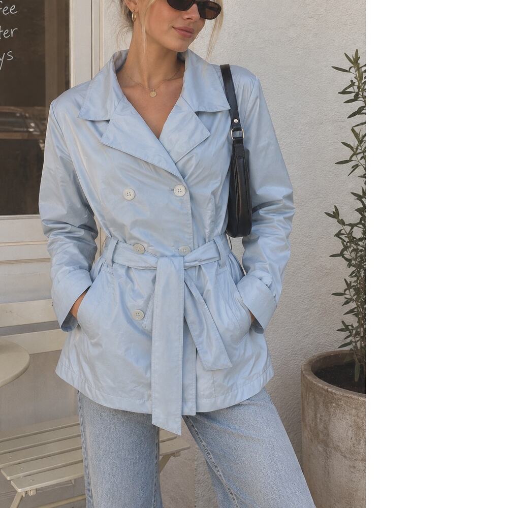Y2K Vintage RAVE Trench Jacket Baby Blue *AS-IS Rain Coat Size L Large 90's